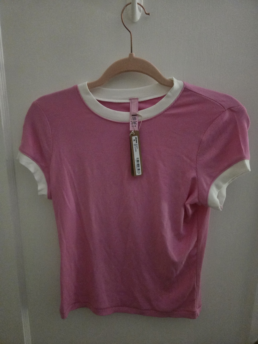 SKIMS Pink Ribbed Tee with White Crew Neck Trim